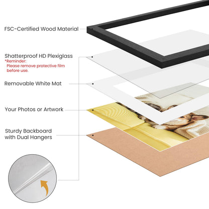 AURALYN Wall Frames 11x14 Picture Frame Set of 3 – Fits 8x10 with Mat or 11x14 Without Mat – Wood Grain, Easy to Hang, Finger-Friendly, Includes Hanging Kit (Black Frames, 3 Pack)