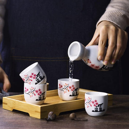 Old Craftsmen's 5 Pcs Japanese Sake Set, 200ml Sake Bottle and 50ml Cup Set, Traditional Hand Painted Design