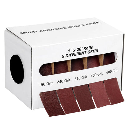 Emery Cloth Roll,5 Grits 1'' x 20FT Abrasive Sandpaper Roll with Dispenser,150 240 320 400 600 Grit Sand Assortment,Sanding Paper & Sandpaper Sheets for Metal Auto Wood Dry&Wet Polishing.(5Rolls 20FT)