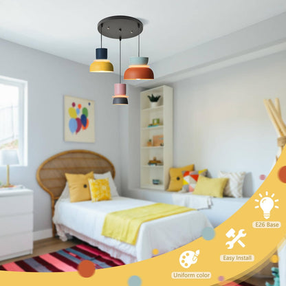 Qufute Nordic Modern Pendant Light Macaron Color Mid Century Hanging Light Fixture with Aluminum Shade Colorful Chandelier Ceiling Pendant Lights for Dining Room Kitchen (3-Light)