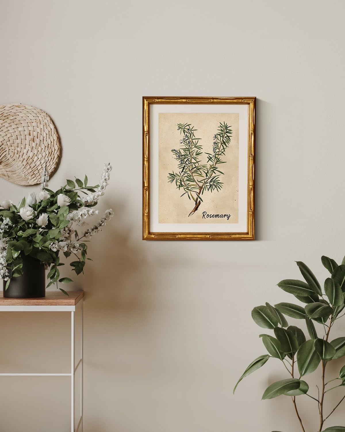 11x14inch InSimSea Gold Bamboo Framed Canvas Wall Art, Retro Herbs Rosemary Botanical Paintings, Antique Vintage