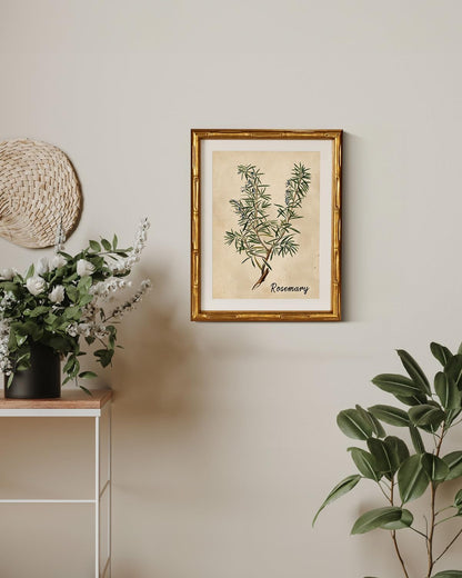 11x14inch InSimSea Gold Bamboo Framed Canvas Wall Art, Retro Herbs Rosemary Botanical Paintings, Antique Vintage