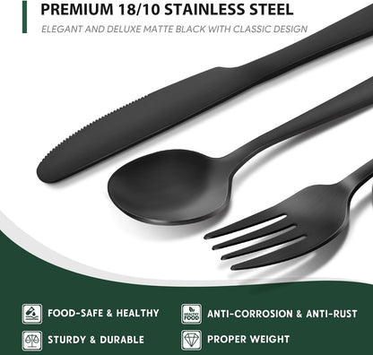 Hiware 48-Piece Matte Black Silverware Set, Stainless Steel Cutlery Set for 8 with Steak Knives