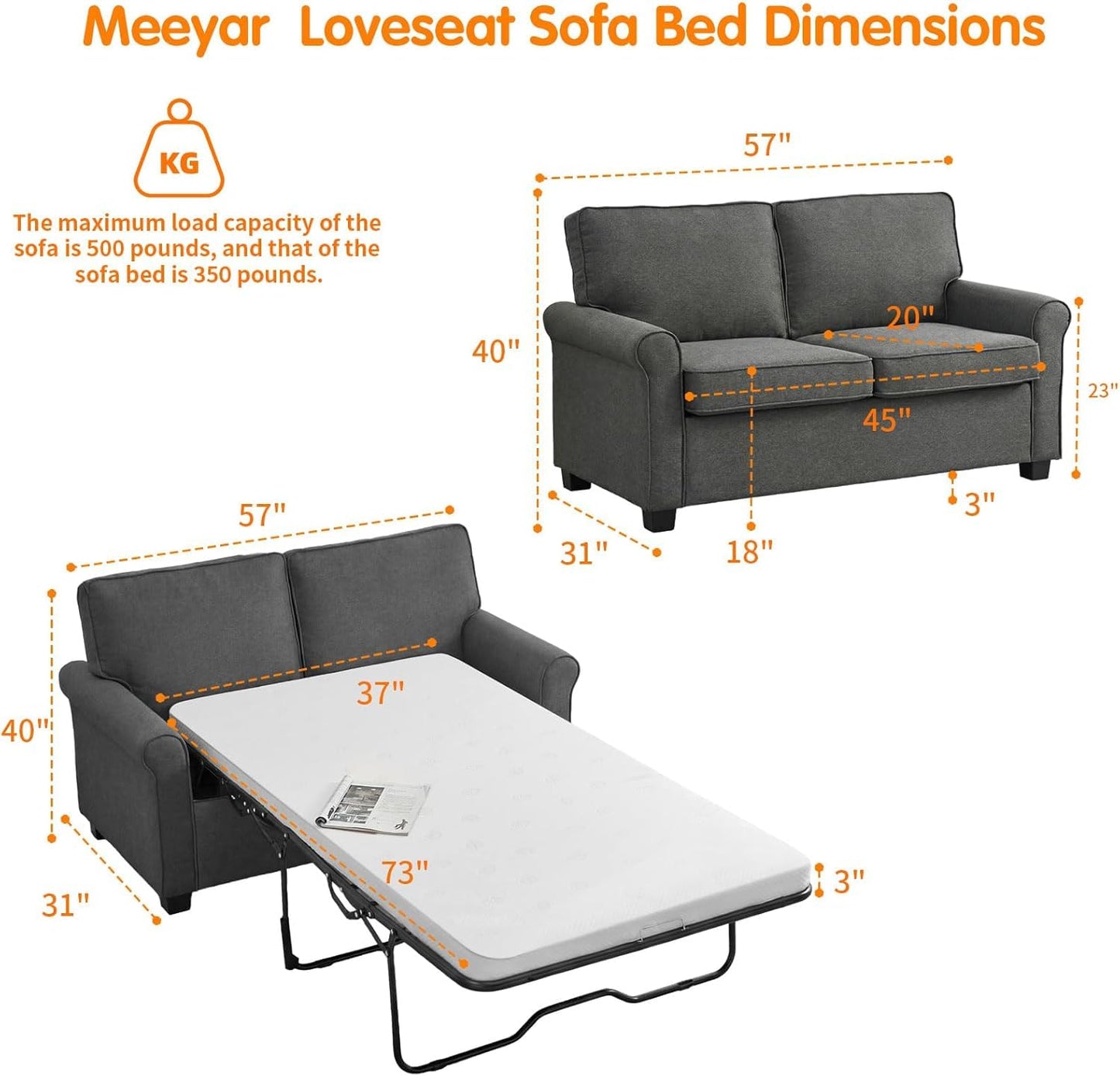 Meeyar 57 inches Loveseat Sleeper Sofa, 2-in-1 Pull-Out Couch Bed with High-Density Sponge Mattress for Small Apartment, Living Room, Guest Room,Grey