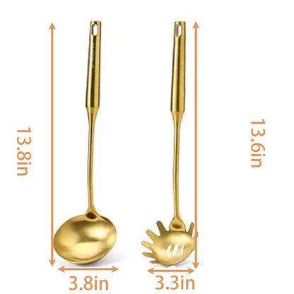 Gold Ladle Stainless Steel Strainer & Serving Spoons Set Premium Pasta Strainer for Cooking, Stirring, Serving Pasta, Soup & Sauce - Heavy-duty Kitchen Utensils for Daily Use & Gifting