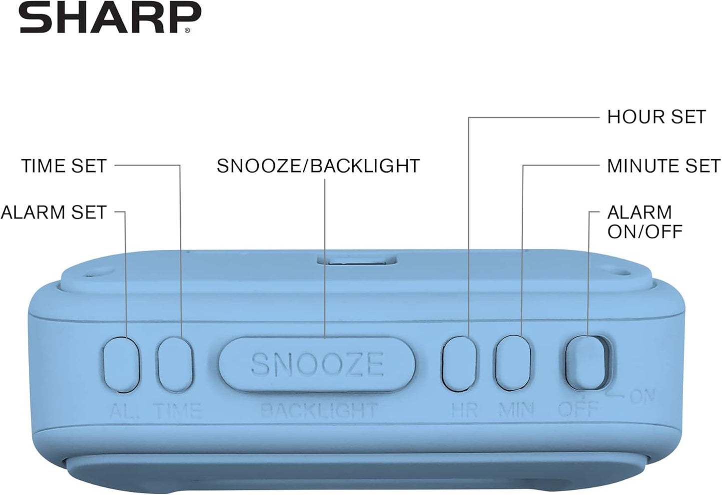 Sharp Digital Alarm Clock, Tactile Case with Soft Rubberized Finish, Battery Operated, Blue Backlight on Demand,