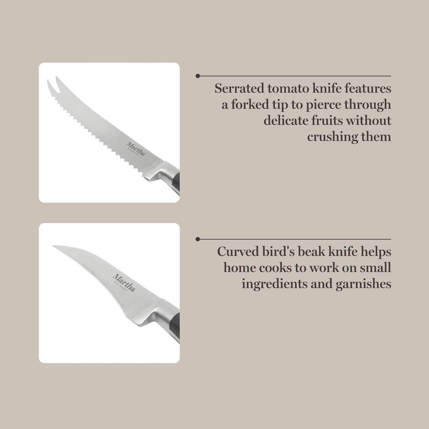 Martha Stewart Carverton 2 Piece Set 5" Tomato Knife and 3" Bird's Beak Knife Set, High Carbon Stainless Steel Kitchen Knives w/Black Triple Riveted Handle
