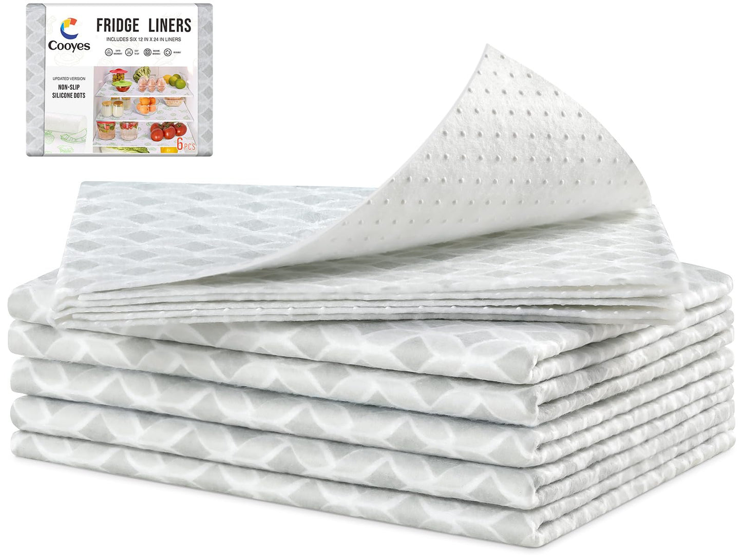Cooyes Refrigerator Liners, Non-Slip Fridge Liners Washable, Absorbent Refrigerator Shelf Liner for Kitchen Cabinets, Non-Adhesive Refrigerator Mats Fridge bin Liners 12" x 24", 6Pcs