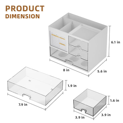 Marbrasse Desk Organizer with 3 Drawer, Multi-Functional Pencil Pen Holder for Desk, Desk Organizers and Accessories with 4 Compartments, Desktop Organizer Storage for Office Home Art Supplies (White)