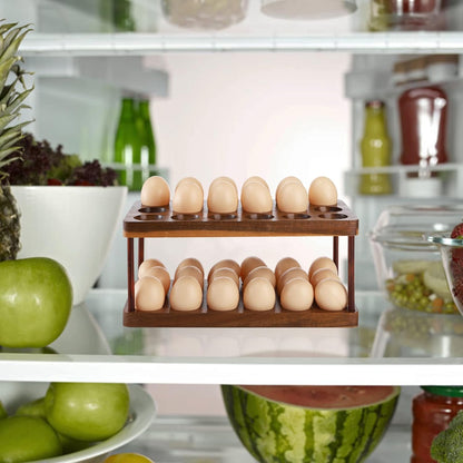 YOUEON Acacia Wooden Egg Holder - Double Layer Egg Tray Holds 36 Fresh Eggs, Rustic Decor for Countertop and