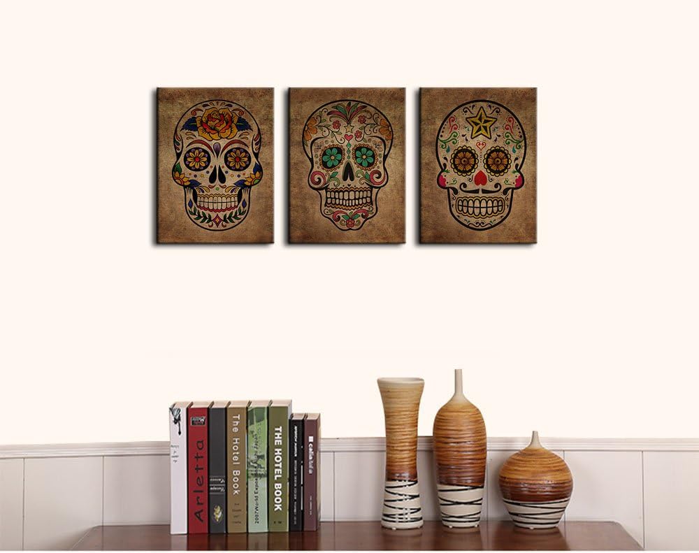 12" 16" 3 Canvas Wall Art Sugar Skull Vintage Abstract Canvas Picture Day of The Dead Contemporary Art Design Framed