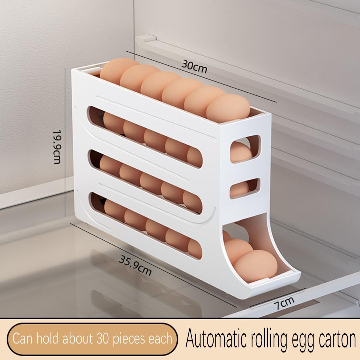 4 Tiers Egg Trays, Egg Holder for Fridge, Auto Rolling Organizer, Space-Saving 30 Large Capacity Egg Dispenser for