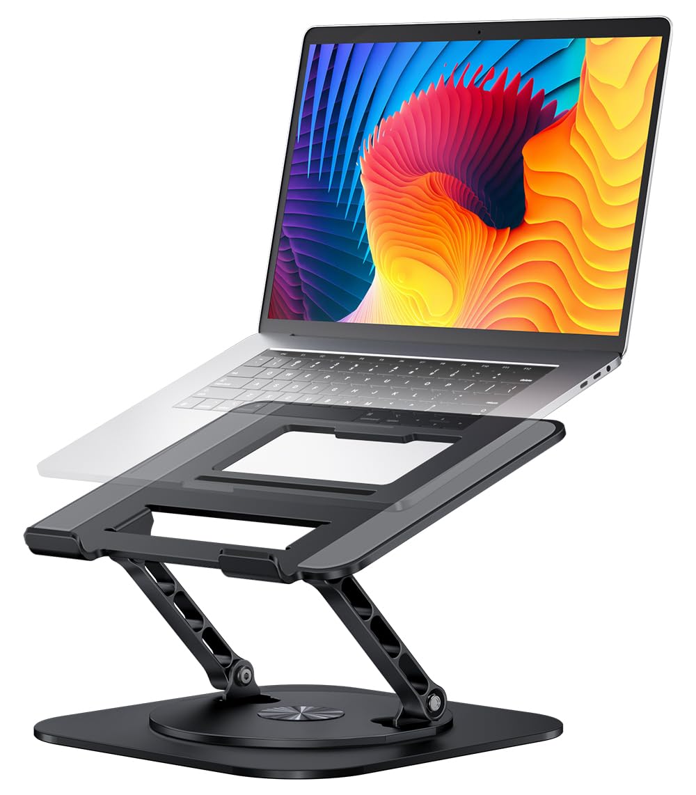 Adjustable Computer Stand with 360 Rotating Base, Ergonimic Foldable Laptop Riser for Desk Compatible with MacBook Pro/Air Notebook up to 16 Inches, Silver