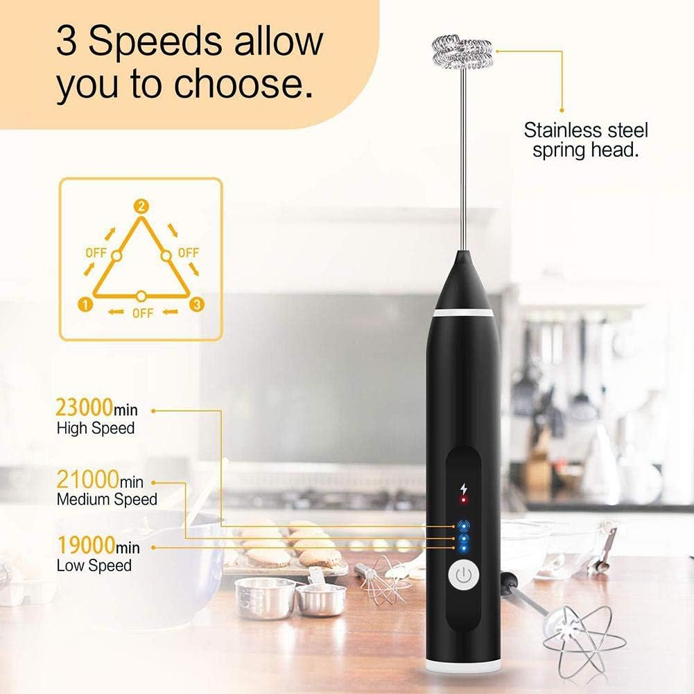 Electric Automatic Egg Beater Mixer with USB Charging, 3 Speed Adjustable Blender, Black