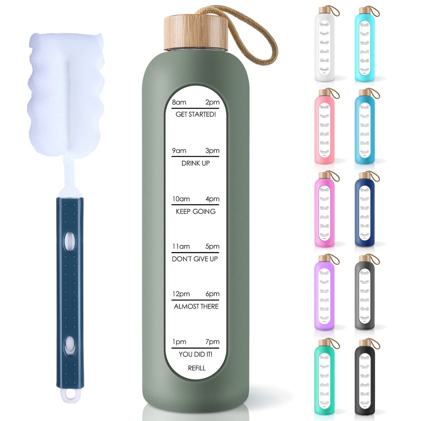 PROBTTL 32 Oz Borosilicate Glass Water Bottle with Time Marker Reminder Quotes, 1 Liter Leak Proof Reusable BPA Free Motivational Water Bottles with Silicone Sleeve and Bamboo Lid (Olive)