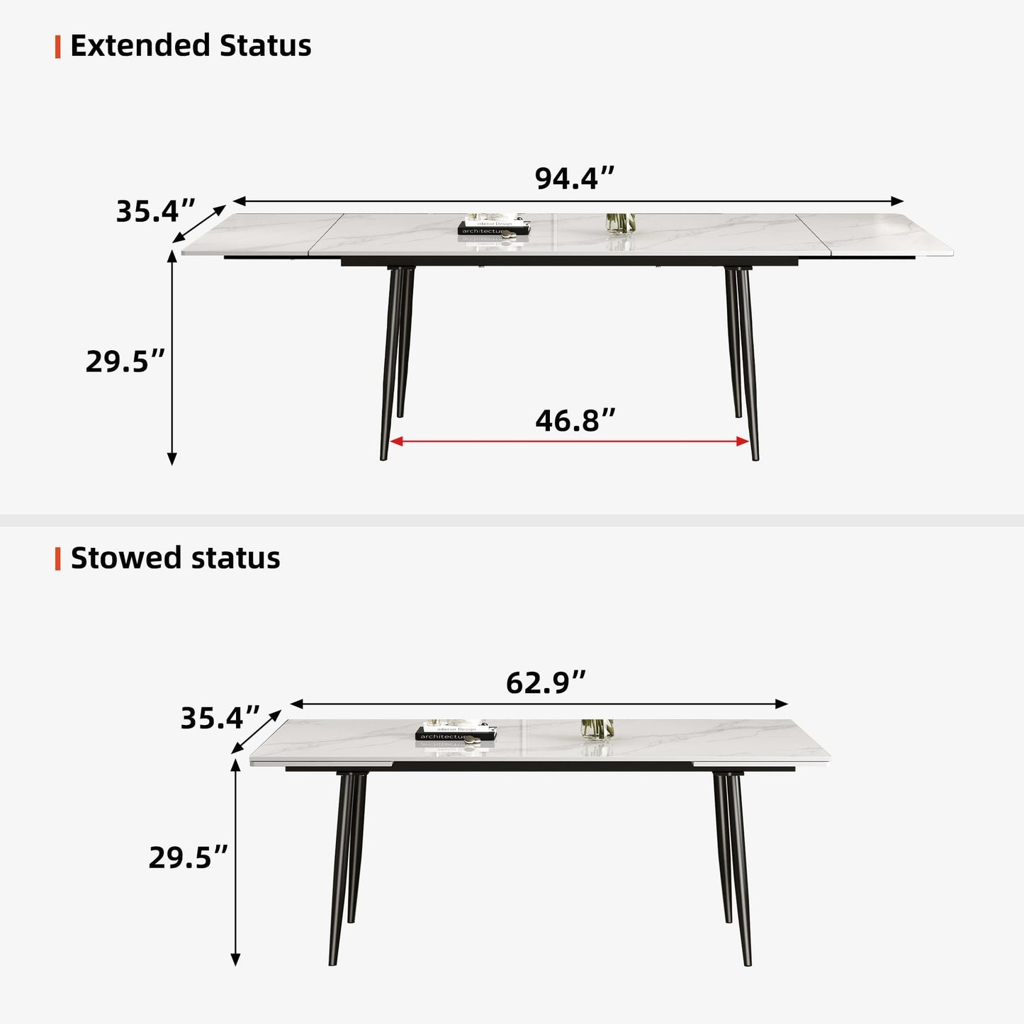 62.9"–94.4" Extendable Sintered Stone Dining Table for 6–10, Modern White Rectangular Kitchen Table with Stainless Steel Legs, Heat & Scratch Resistant, for Indoor & Outdoor Use