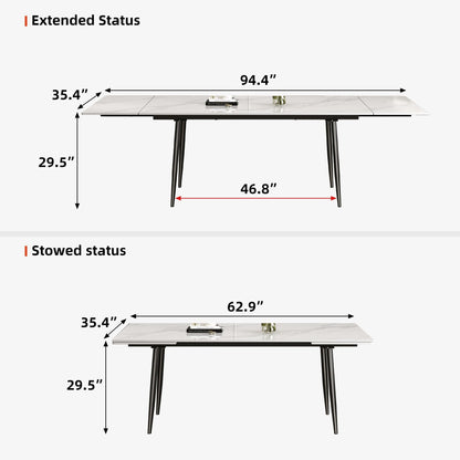 62.9"–94.4" Extendable Sintered Stone Dining Table for 6–10, Modern White Rectangular Kitchen Table with Stainless Steel Legs, Heat & Scratch Resistant, for Indoor & Outdoor Use
