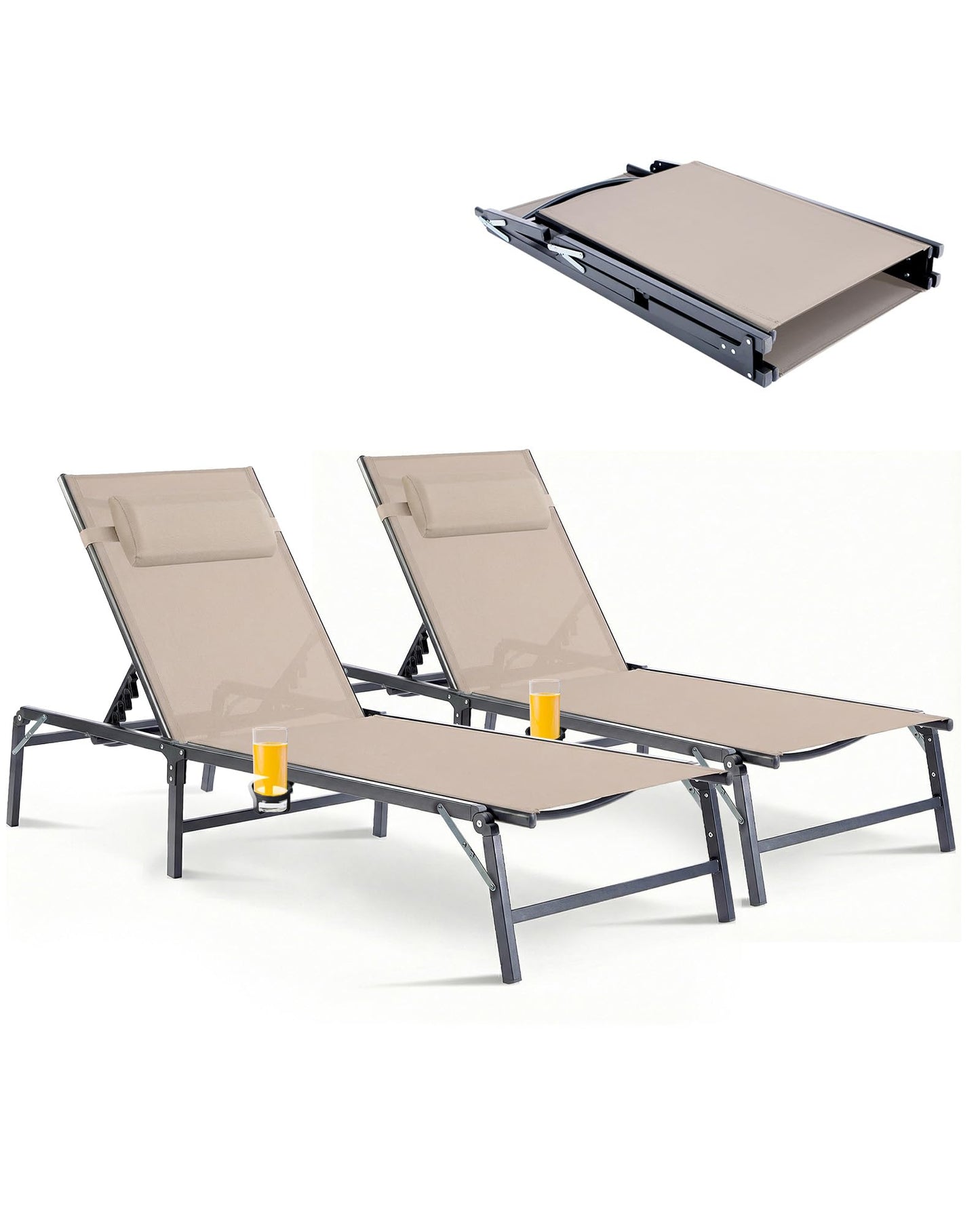 2 Pack Foldable Chaise Lounge Chair with Cup Holder, Assemble-Free Outdoor Lounge Chair with Detachable Pillow and 6 Adjustable Backrest, Patio Lounge Chair for Outside Poolside Beach Pool, Khaki