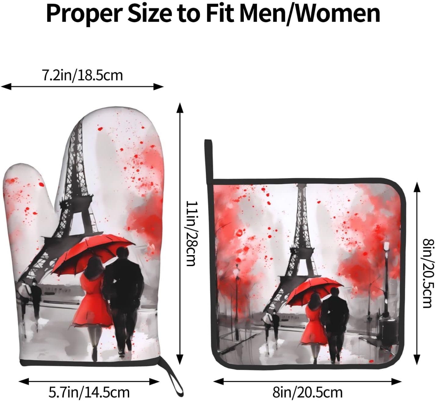 Oven Mitt and Pot Holders 2 Sets, Non-Slip BBQ Gloves with Eiffel Tower Flower Kitchen Design