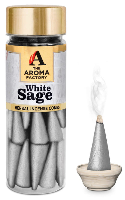 The Aroma Factory Incense Dhoop Cone White Sage (100% Herbal Leaves Healing & 0% Charcoal) 1 Bottle x 30 Cones