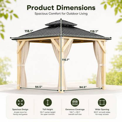 10x10 FT Hardtop Gazebo Outdoor Wooden Pavilion with Cedar Wood Frame Double Galvanized Steel Roof Netting and Curtains Heavy Duty Weather Resistant Patio Shelter for Garden Backyard Khaki