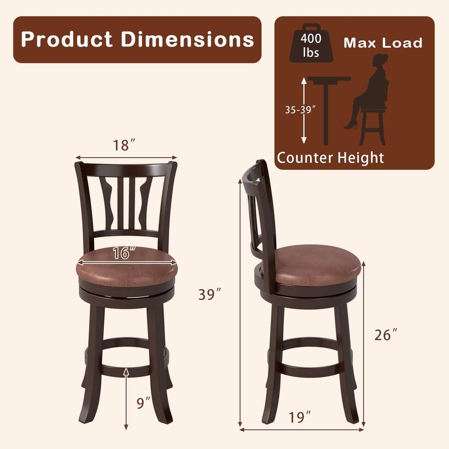 COSTWAY 26" Counter Height Stools Set of 4, Swivel High-Top Chairs with Backrest & Faux Leather Padded Seat, Rubber Wood Counter Barstools with Footrest for Kitchen, Dining Room, Pub (4,26'')