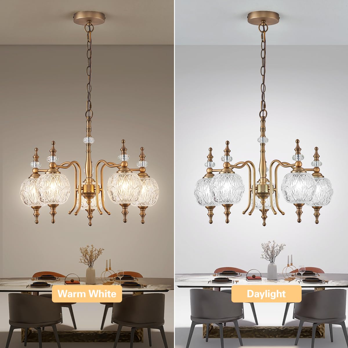 TLOLGT Chandeliers Vintage 5 Lights Brass Glass Pendant Lighting Fixtures Rustic Style Chandelier Matte Brushed Antique Brass Finish with Crystal Glass Shade for Kitchen Island Farmhouse