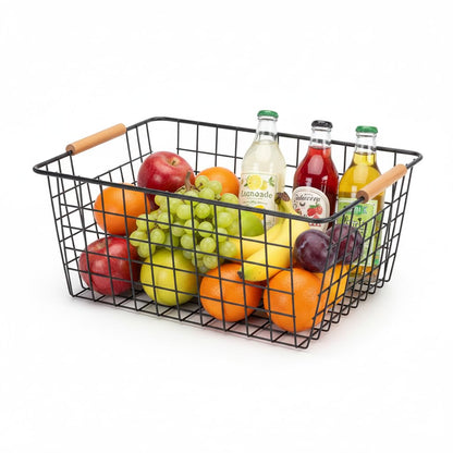 HDYOUDO 4 Pack Black Large Wire Baskets for Organization Metal Wire Food Storage Basket Organizer with Wooden Handles for Organizing Kitchen Cabinets