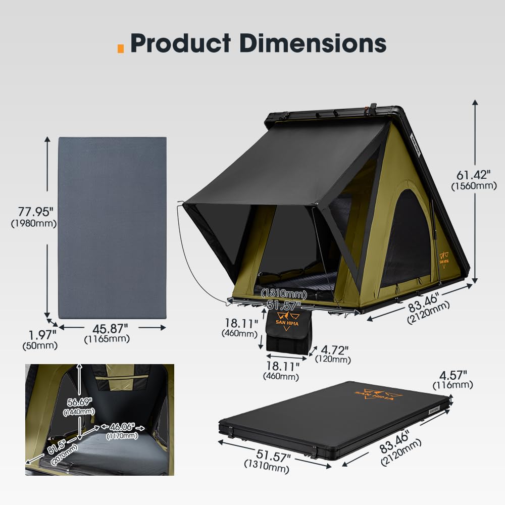Sanhima Rooftop Tent Hard Shell - Hotham Lite Overland Aluminium Roof Top Tent 4.56" Slimline, w/Tri-Color LED Strip Light & 1.97” Thick Mattress, for Car SUV Truck Camping, 2-3 People (Army Green)