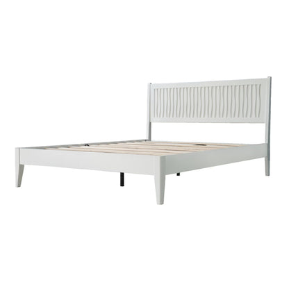Queen Size Solid Wood Platform Bed Frame with Headboard and Footboard, Noise-Free & Anti-Slip Design, Center Metal Legs, 12 Heavy-Duty Slats, No Box Spring Needed, Pure White Finish, OLQ-39