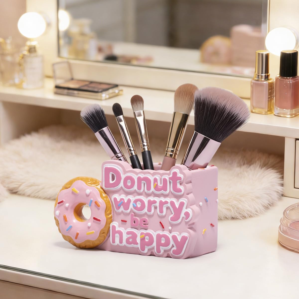 ZAWUU Donut Shaped Organizer - Cute Pink Resin Donut Worry, Be Happy Multi-Use Holder for Pens, Makeup Brushes, Utensils, and More – Perfect Desk or Kitchen Accessory Gift