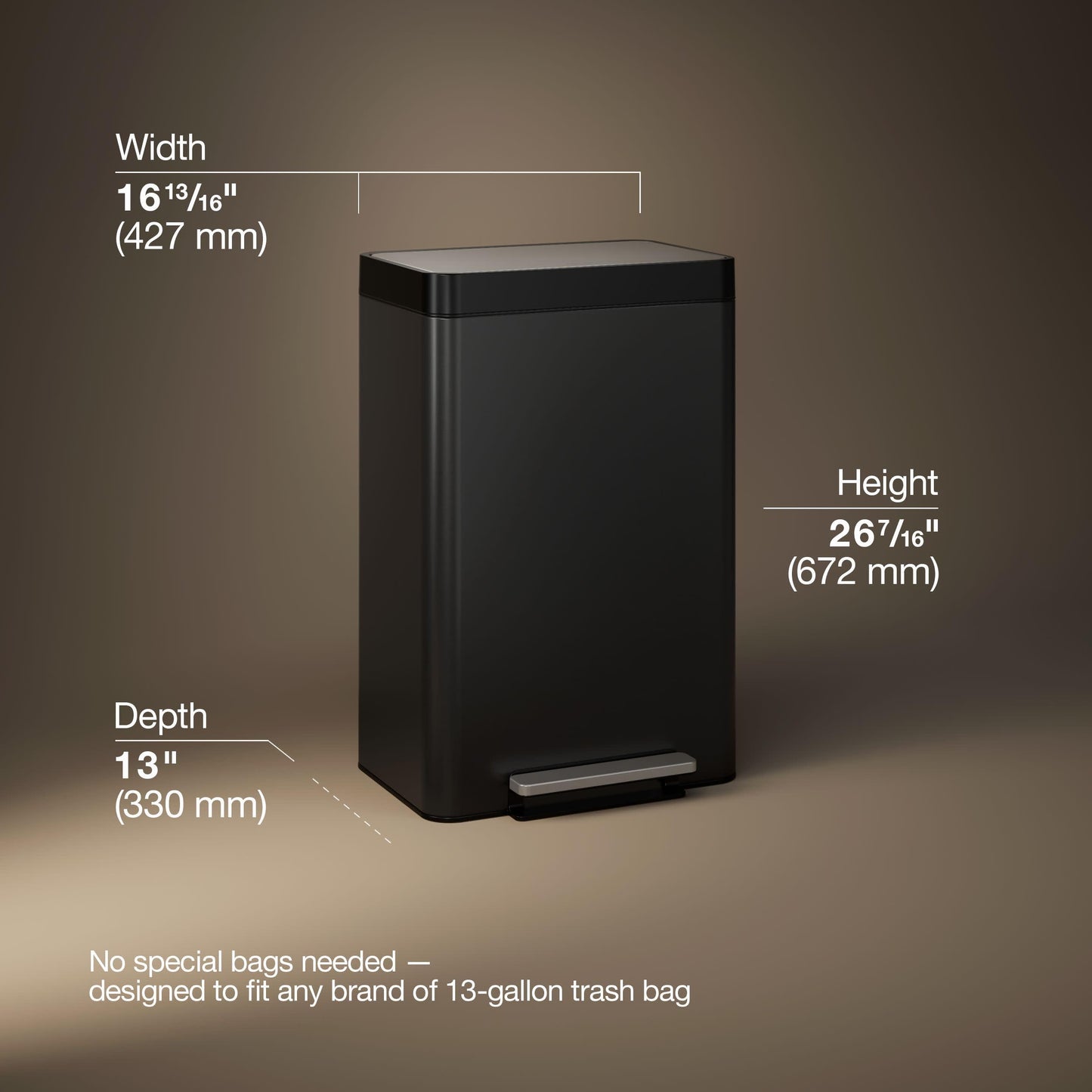 Kohler 20940-BST 13-Gallon Stainless Steel Step Trash Can, Black Stainless Steel, Hands-Free Pedal, Quiet-Close Lid, Fingerprint-Resistant, Durable, K-20940-BST