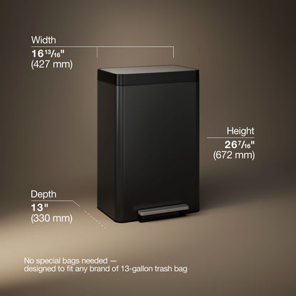Kohler 20940-BST 13-Gallon Stainless Steel Step Trash Can, Black Stainless Steel, Hands-Free Pedal, Quiet-Close Lid, Fingerprint-Resistant, Durable, K-20940-BST