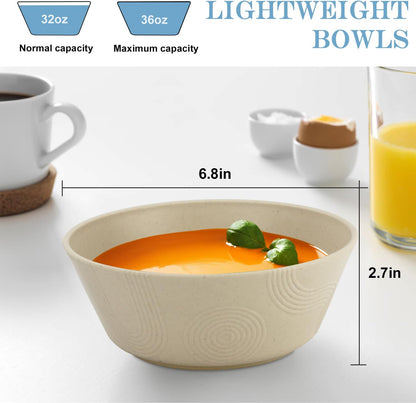 Cereal Bowls Set of 6, 36oz Wheat Straw Bowls with Unique Design, Microwave & Dishwasher Safe for Salad, Pasta, Soup
