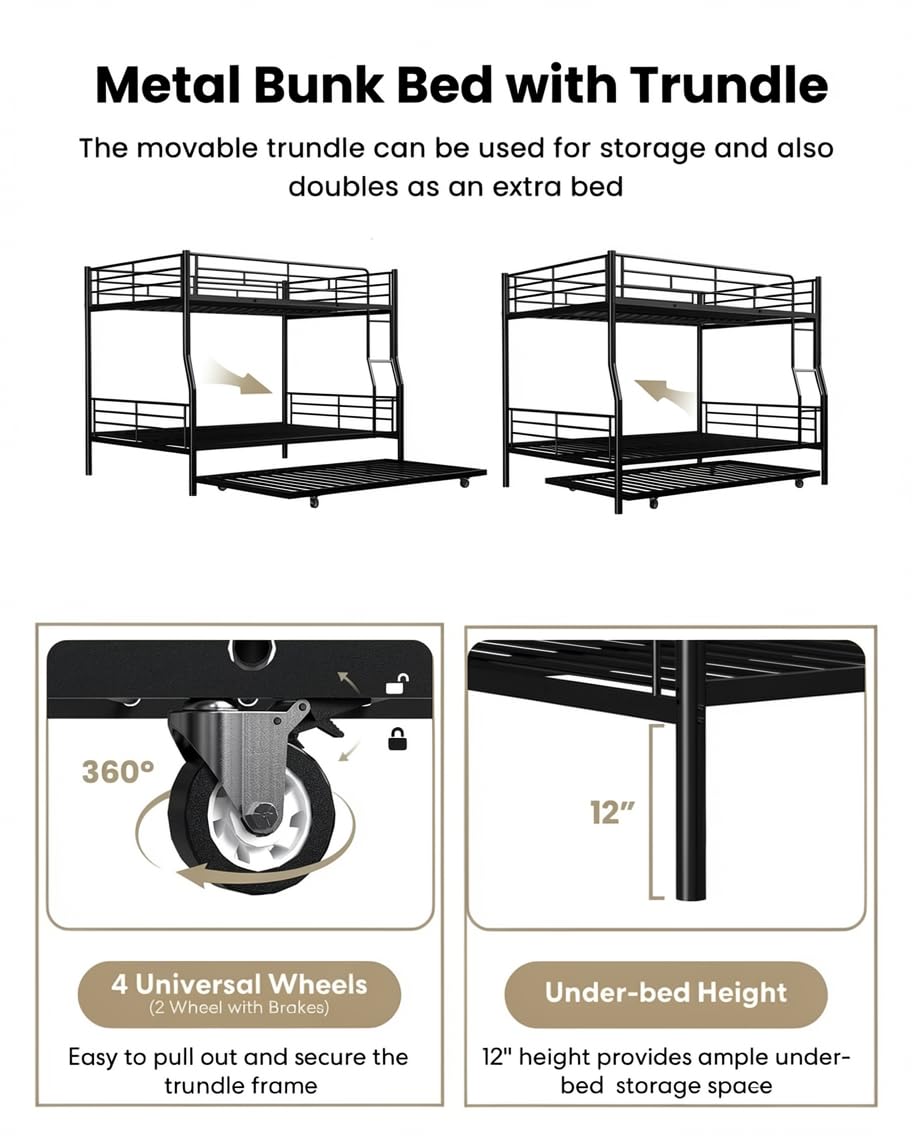 Miscoos Full XL Over Queen Bunk Bed with Trundle, Heavy-Duty Queen Bunk Bed with with Safety Ladder and Full-Length Guardrail, Convertible to 3 Beds for Teens and Adults, Black