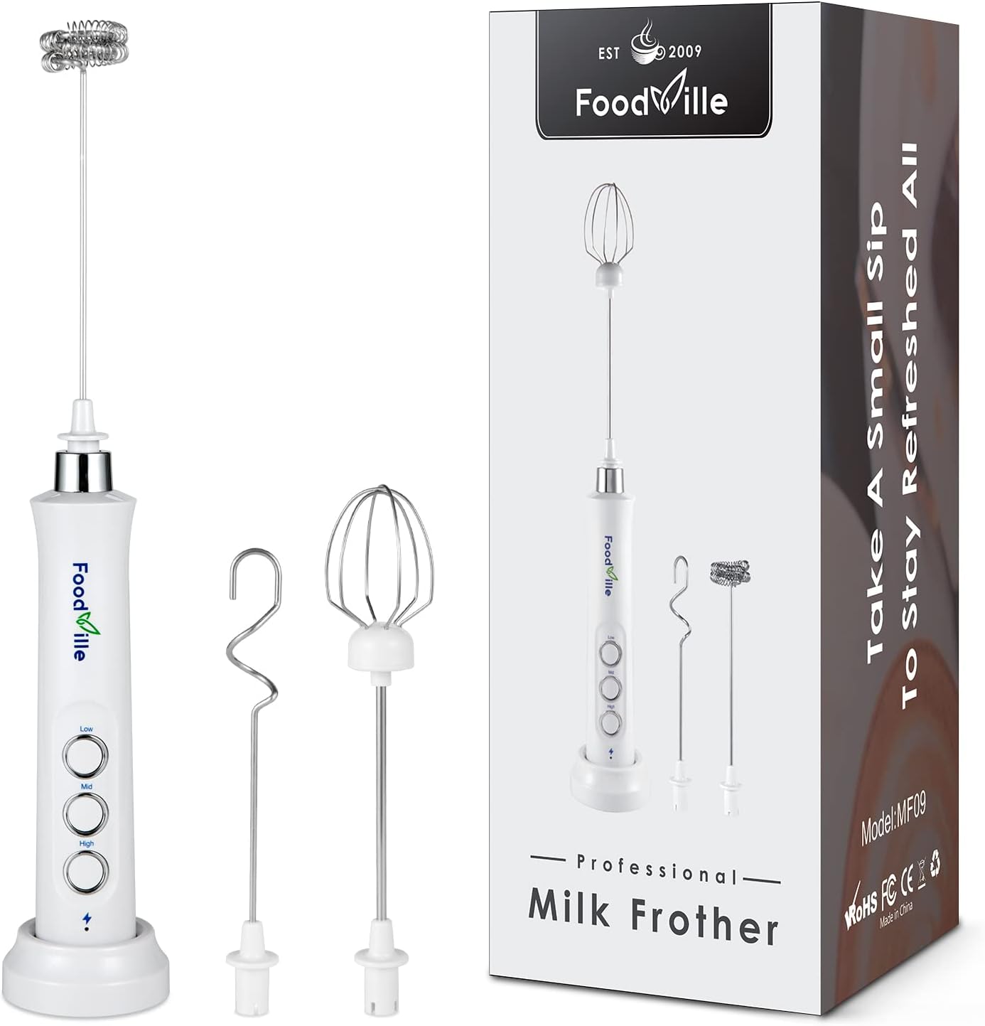 MF09 3 in 1 Rechargeable Milk Frother - Handheld Foam Maker with Charging Stand & 3 Stainless Steel Whisks