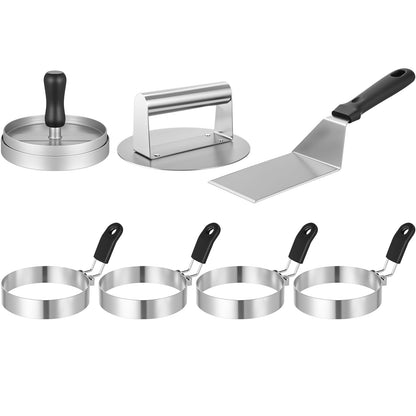 LemonRoad Smash Burger Press Kit 7pcs Non-Stick Aluminum Hamburger Press with Stainless Steel Egg Rings Griddle BBQ Tools for Burgers & Eggs