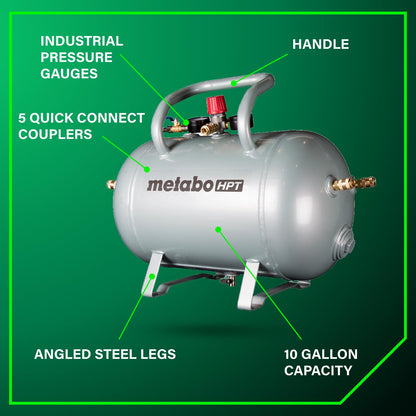 Metabo HPT Reserve Air Tank, High Capacity 10 Gallon Air Tank, ASME Certified, 5 Quick Connect Couplers, Industrial Pressure Gauges, Angled Steel Legs for Stability, UA3810AB