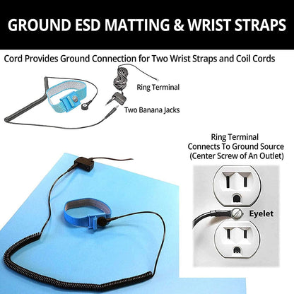 RubberStat Dual Layer ESD Compliant Workstation Rubber Table Mat Kit, Soldering, Cell Phone Repair, with Wrist Strap Set and Ground Cord - 24"x72" Blue