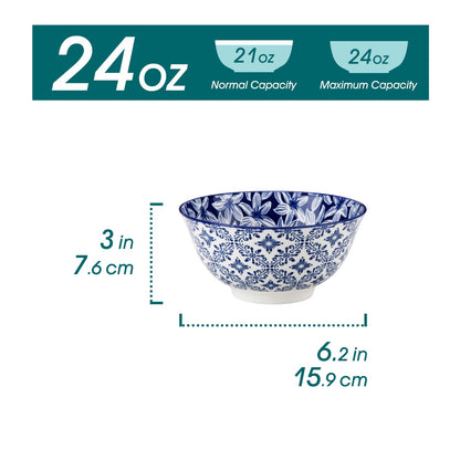 vancasso SELENE 24 oz Cereal Bowls set of 6, Ceramic Soup Bowls for Kitchen, Dishwasher & Microwave Oven Safe- for Cereal, Soup, Pasta, Salad, Blue & White Floral Design Bowl Set
