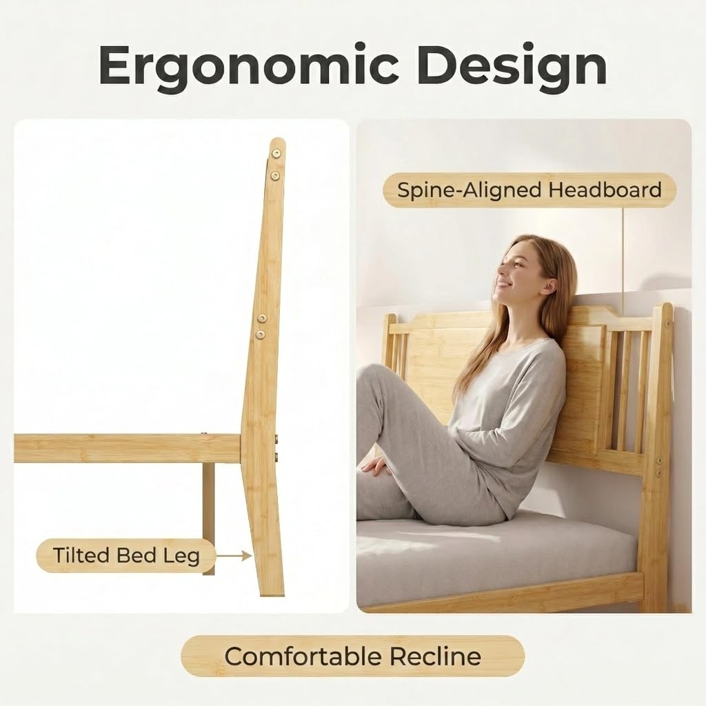 Askeld Bamboo Queen Bed Frame with Headboard, 14 inch Wood Platform Bed Frames Queen Size No Box Spring Needed, Rustic Farmhouse Heavy Duty Bedframe Noise Free, Easy Assembly