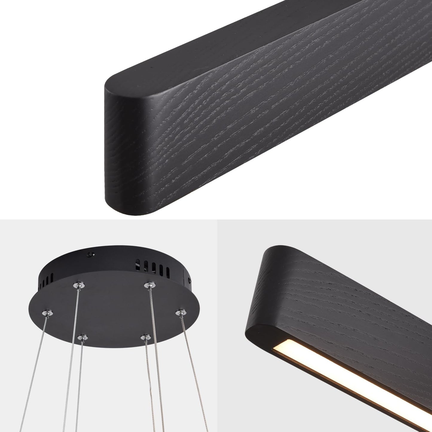 YISDESIGN 3-Light Solid Wood Black Linear Pendant Light - Dimmable Modern LED Chandelier for Dining Room Table Kitchen Island Living Room Ceiling - 45W Warm Light Adjustable Hanging Fixture Black