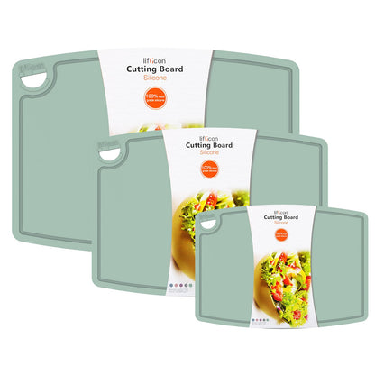 Liflicon Silicone Thick Cutting Boards Mats Set of 3 Foldable & Flexible Design Juice Grooves Easy Grip Handle Dishwasher Safe for Kitchen,BPA free Silicone Cutting Board-Light Green