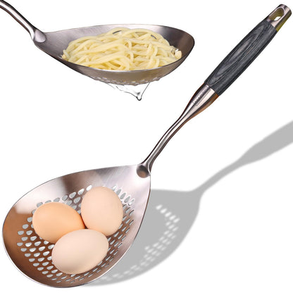 Skimmer Slotted Spoon -16.5in 304 Stainless Steel Pasta Spider Strainer Skimmer Ladle Spoon for Cooking and Frying - Kitchen Metal Scoop Colander Strainer Spoon with Heat Resistant Black Wooden Handle