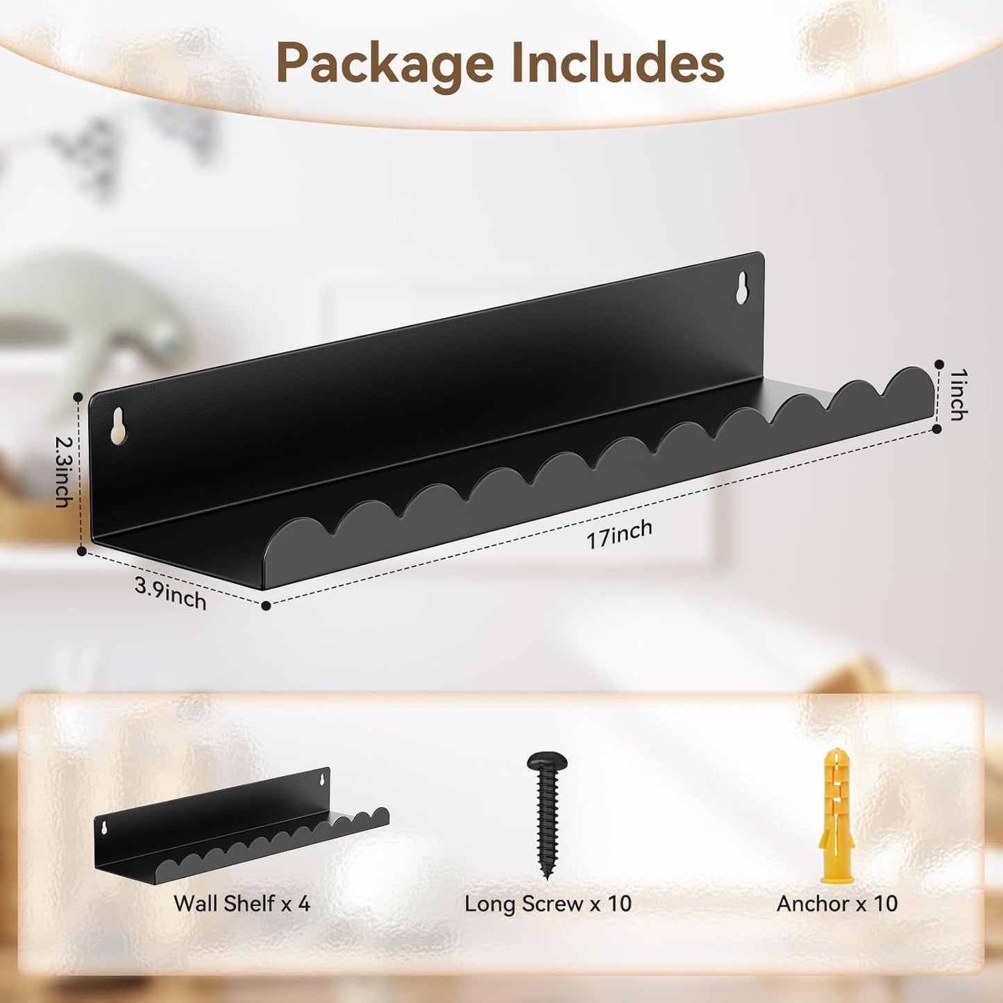 17 Inch 4 Pack, Nursery Book Shelves, Metal Floating Shelves for Wall Scalloped Shelves, Wall Mounted Book Shelf