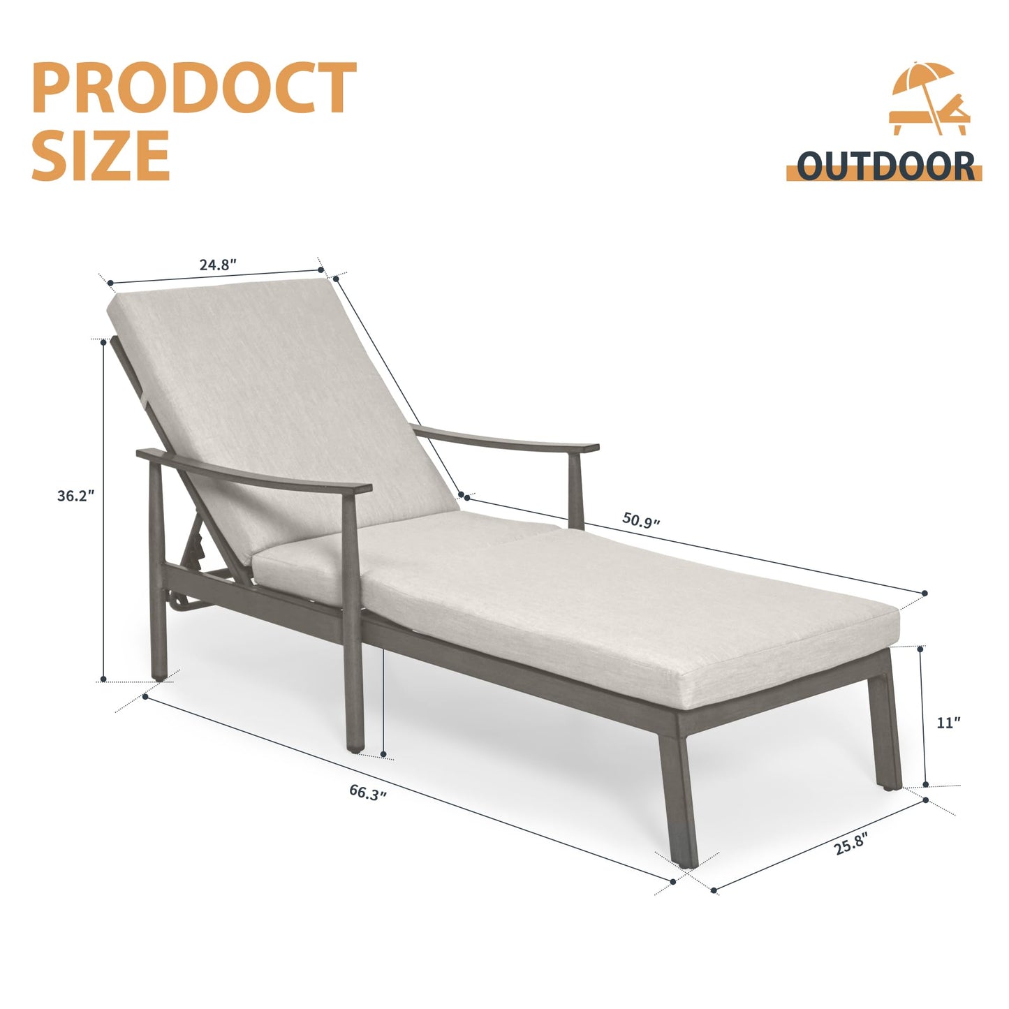HAPPATIO Outdoor Chaise Lounge - Aluminum Pool Lounge Chair with Adjustable Backrest and Cushion, Curved Armrest, Outdoor Lounge Chair for Beach, Yard, or Poolside (Grey)