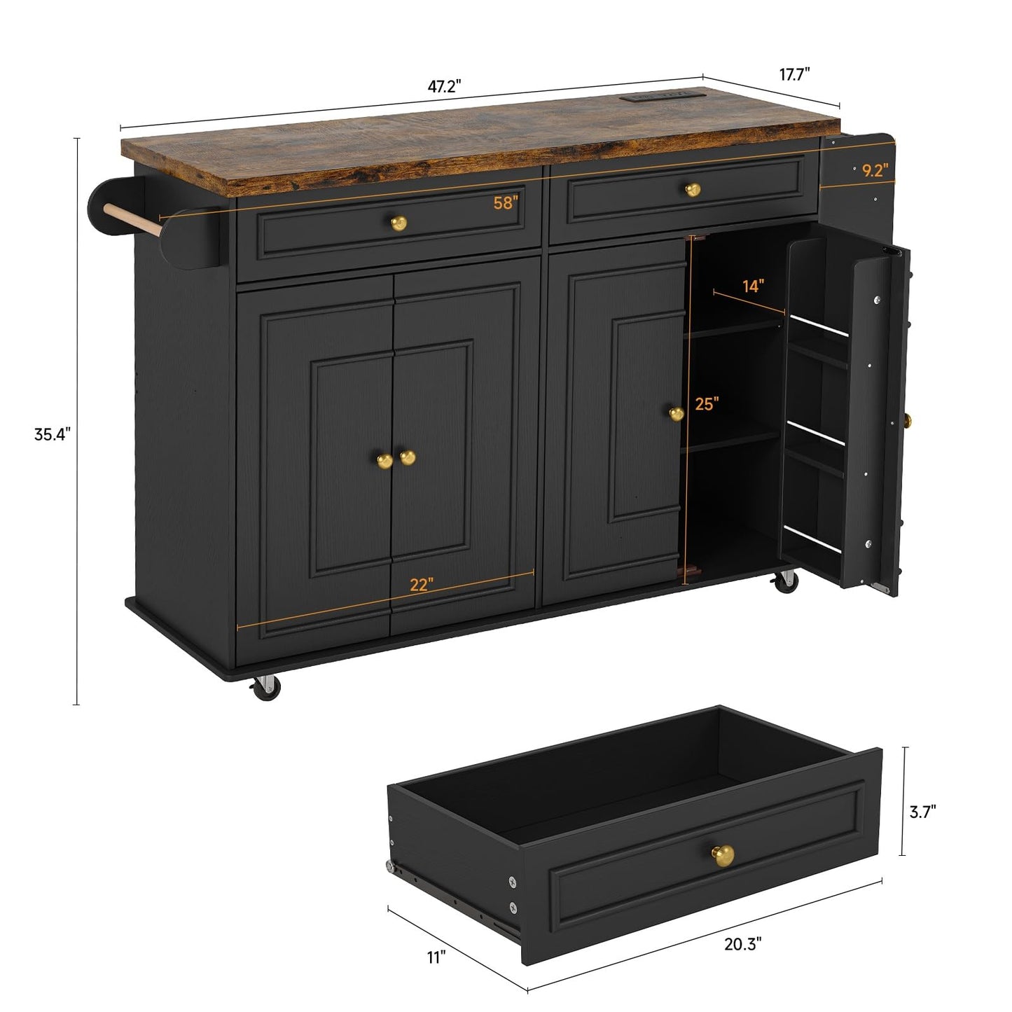ComfyCorner 58" Rolling Kitchen Island with Storage, Island Table for Kitchen with Power Outlet, Multi-level Kitchen Islands on Wheels, Mobile Bar Cart with Spice Rack, Towel Rack, Knife Holder, Black