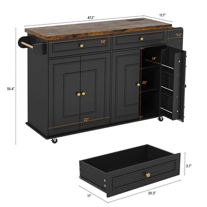ComfyCorner 58" Rolling Kitchen Island with Storage, Island Table for Kitchen with Power Outlet, Multi-level Kitchen Islands on Wheels, Mobile Bar Cart with Spice Rack, Towel Rack, Knife Holder, Black