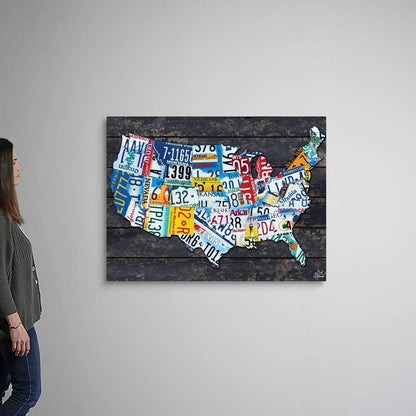 CANVAS ON DEMAND Usa License Plate Map Canvas Wall Art Print by Brittney Hallowell, Contemporary, Home Decor, America, United States Artwork,48" x36in