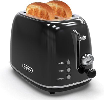 Toaster 2 Slice, Retro Stainless Steel Toaster with 6 Settings, 1.5 In Extra Wide Slots, Removable Crumb Tray, Bagel